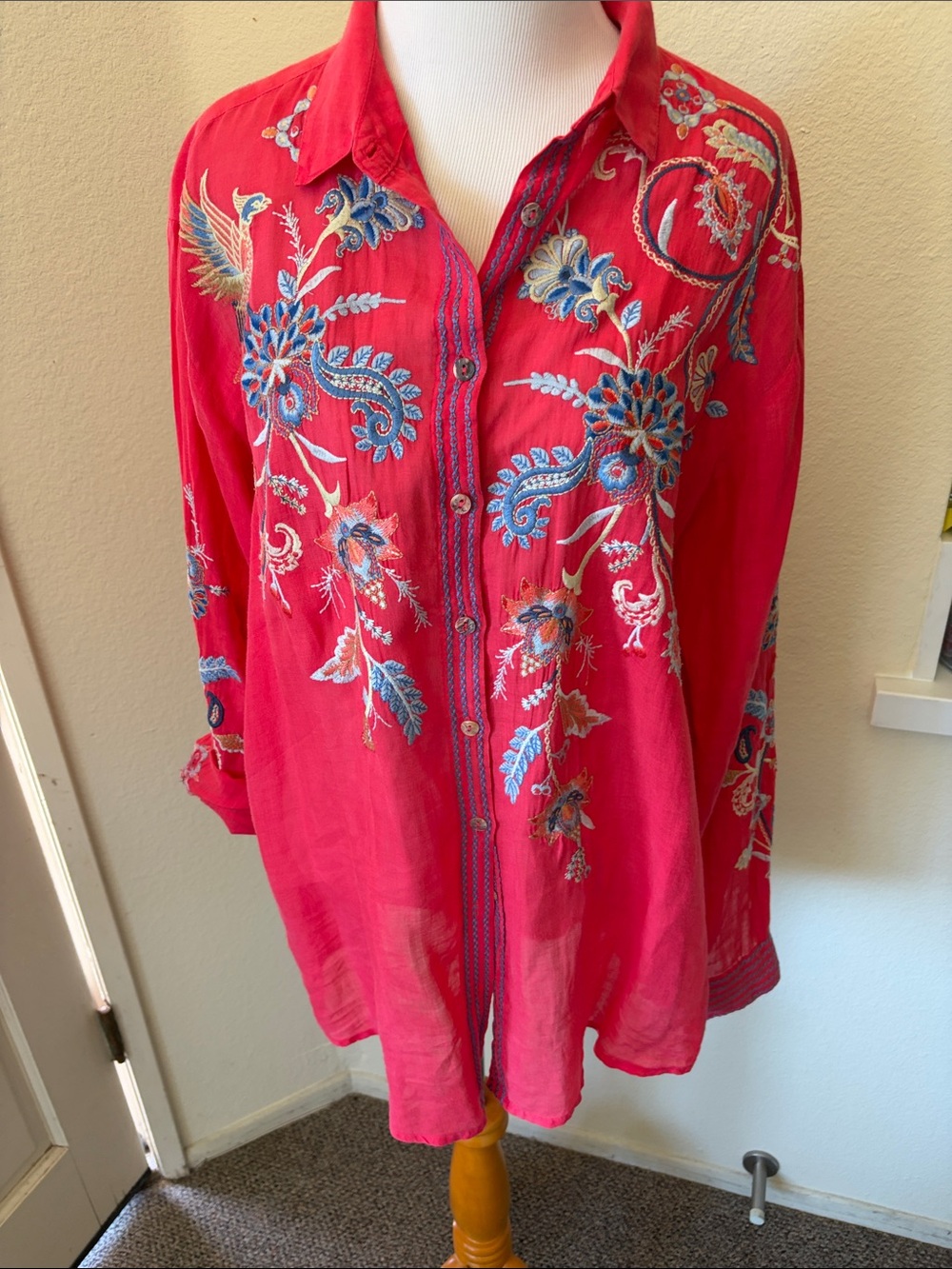 Johnny Was Red Embroidered Button-Front Tunic